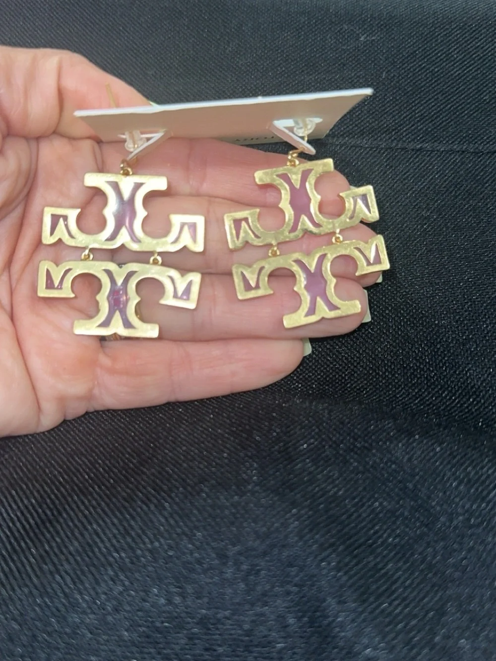 Tory Burch Pink and Gold Double-Logo Dangle Earrings